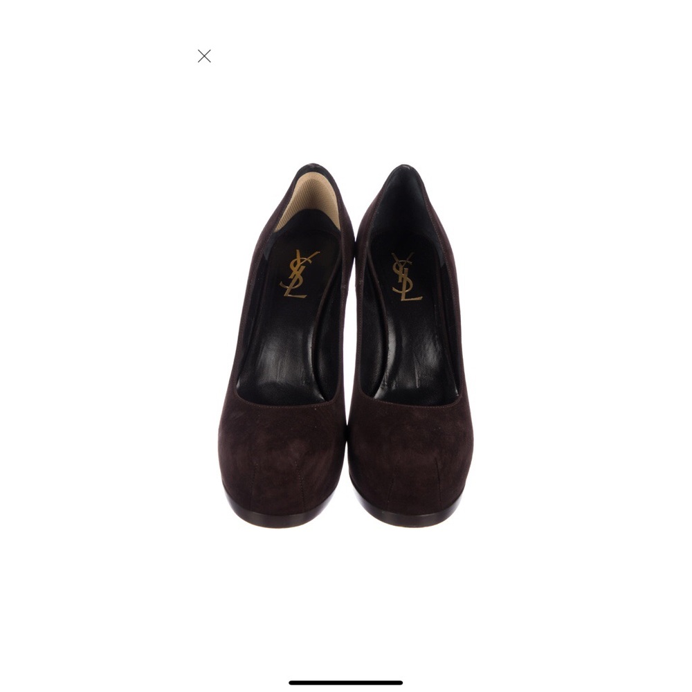 Chocolate brown suede YSL Tribute 2 pumps